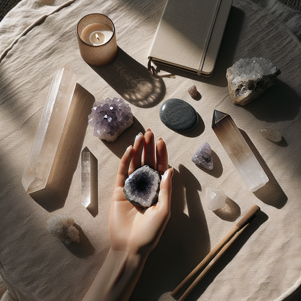 Main avec améthyste et obsidienne, méditation et ancrage