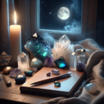 Pierres pour rêves lucides sur table de nuit apaisée