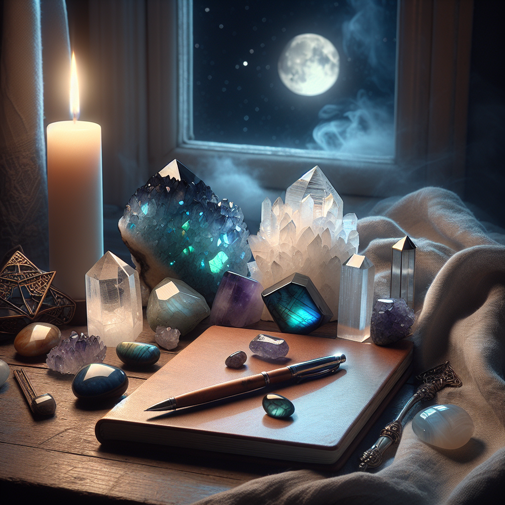 Pierres pour rêves lucides sur table de nuit apaisée