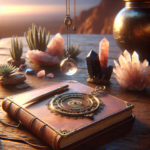 Pendule au-dessus d'un carnet, quartz rose et ancrage apaisant