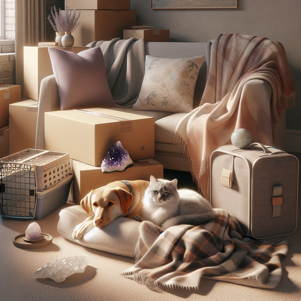 Chien et chat apaisés par améthyste pendant déménagement