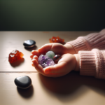 Main d'enfant serrant un galet d'améthyste apaisant