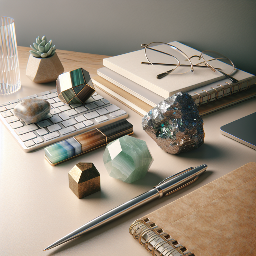 Pierres de concentration sur bureau: fluorite, hématite, oeil de tigre