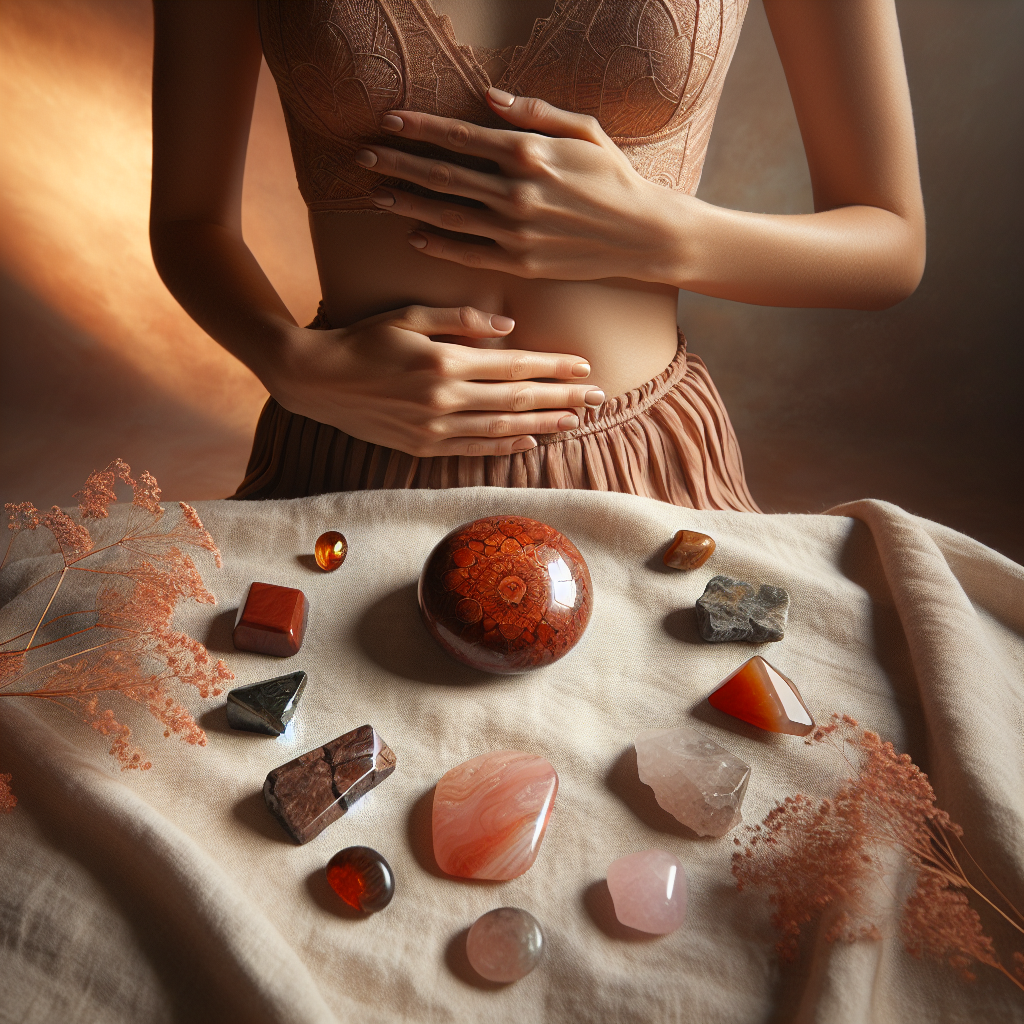 Femme tenant jaspe rouge, rituels d'ancrage en lithothérapie