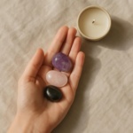 Rituel de lithothérapie avec pierres naturelles et bougie